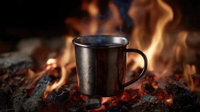 Metal cup over campfire