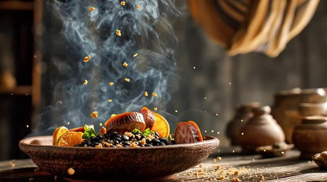 Feijoada, Brazil's national dish, with black beans, smoked sausage slices, farofa, chopped kale and orange slices falling into a rustic bowl. Slow motion. 4K.