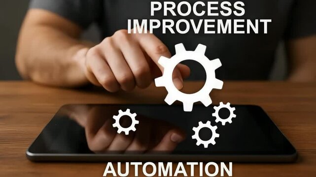 A hand taps a tablet while white gears hover beside the words process improvement automation. Concept of workflow optimization.