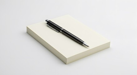 A black pen rests diagonally on a stack of blank, cream-colored paper against a plain white background.