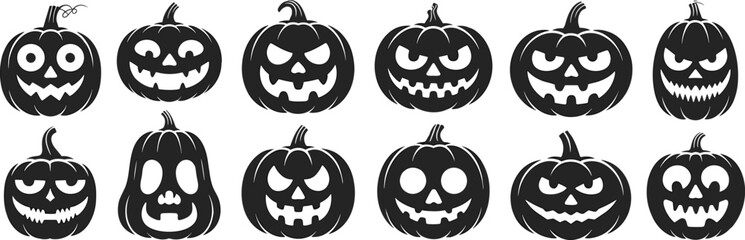 Halloween pumpkin faces, spooky jack-o'-lantern silhouettes, scary carved pumpkin vector, cartoon pumpkin clipart, creepy Halloween graphic illustration, horror emoji art flat vector illustration