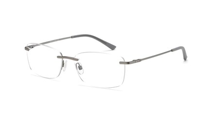 Rimless rectangular eyeglasses with silver metal frames and clear lenses displayed on a white background.