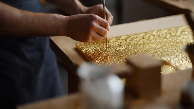 Artisan engraving intricate design on gold plate