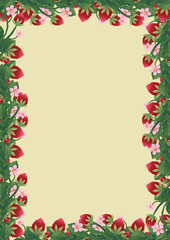 Vertical frame with hand painted abstract strawberry borders on a blank yellowed background.