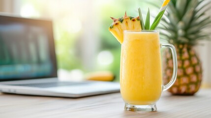 Pineapple juice in glass mug next to open laptop, tropical remote work vibe, sunny workspace