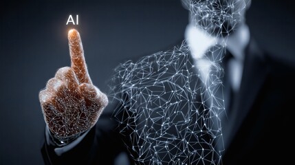 Interaction IA, doigt pointant hologramme AI avec réseau connecté