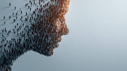 Ressources Humaines, foule de silhouettes formant un profil humain éclairé