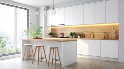 Nordic-style kitchen interior with matte white cabinets and warm wood accents, airy and peaceful look