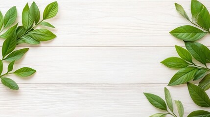 Simple wooden background with green branches framing the edges, natural minimal style, frame composition for organic product display