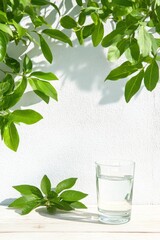 Transparent glass of clean water on white background, framed by green leaves, vertical layout with copy space, fresh and minimal composition