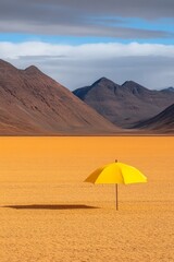 Lone parasol in the desert casting a single shadow, surreal heatwave concept with soft retro tones and warm minimal palette