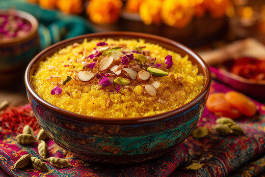 Golden-orange Indian suji ka halwa garnished with almonds, pistachios, rose petals and cardamom in festive bowl, ideal for Diwali or Indian dessert visuals