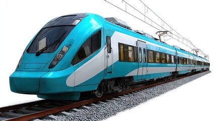 Fototapeta premium Modern light blue train on railway track