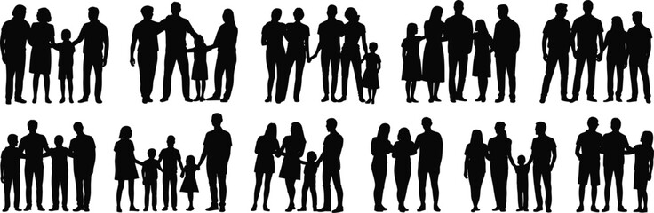 Family group silhouettes, parents and children illustration, happy family vector, people together, bonding, love, unity, social connection, black design flat vector illustration