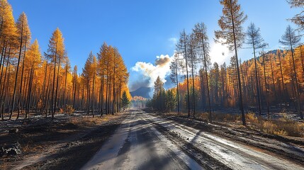 Autumnal forest road after a wildfire.