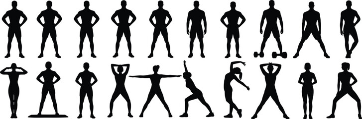 Silhouette fitness workout poses, male and female standing positions, gym training illustration, stretching exercise, bodybuilding shape, body health concept, vector flat vector illustration
