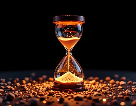 a sandglass, its interior filled with orange sand, positioned against a dark backdrop speckled with what appears to be gravel