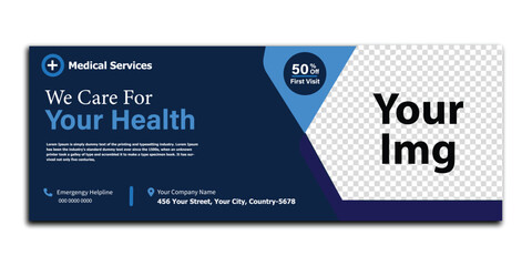 Medical Clinic Banner with Discount Badge and ‘We Care For Your Health’ Slogan.