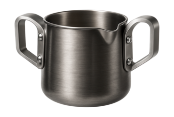 An industrial-style metal creamer with riveted handles, suitable for urban loft dining settings.