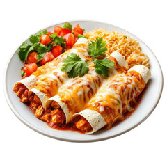 Delicious chicken enchiladas covered in melted cheese served with rice and salad isolated on transparent background