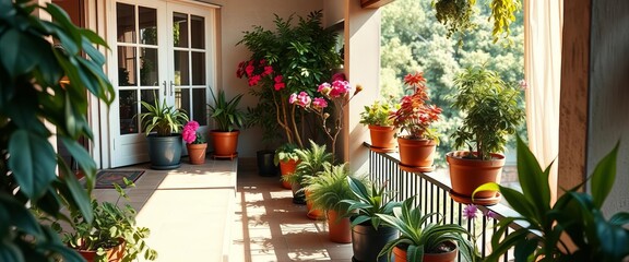 Naklejka premium Cozy balcony garden, lush potted plants, soft sunlight, urban, spring