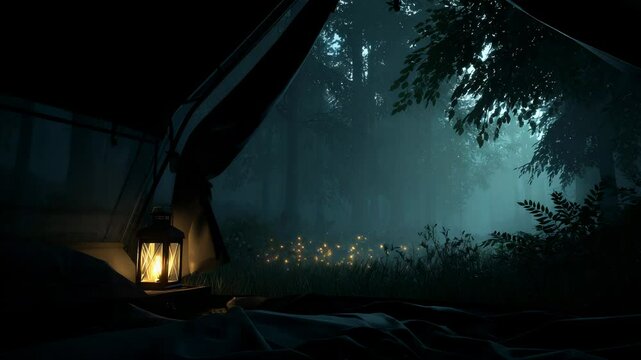Tranquil campsite at night with softly glowing lantern and mystical forest ambiance