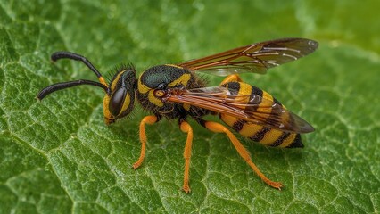 Obraz premium Close-up of a Yellow Jacket Wasp on a Green Leaf