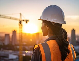 Obraz na płótnie Canvas Construction worker sunset view