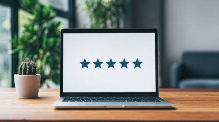Fototapeta premium A laptop on a wooden desk displays a five-star rating, with a small cactus plant and blurred office background.