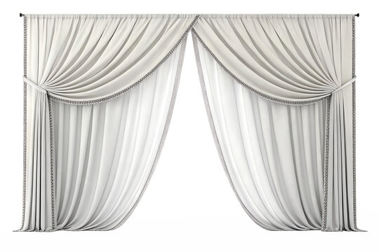 Elegant white curtain drapes with soft folds on rod, isolated on transparent background, ideal for interior mockups, stage scenes, home design visuals, presentations, and decorative renderings.