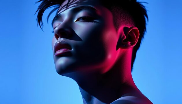 Androgynous figure, dramatic blue shadow, artistic pose,  design,  blue shadow