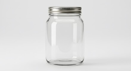 A clear, empty glass jar with a shiny metal lid against a plain white background.