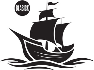 Fishing sailboat silhouette on waves - cut out vector icon