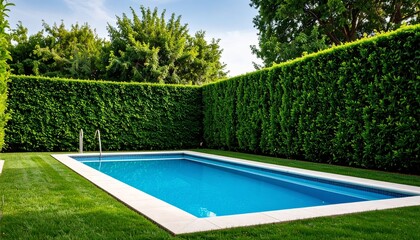 swimming pool in garden, surrounded by tall green hedge