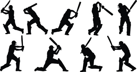 Dynamic cricket batsman silhouettes in various batting poses and action shots, illustrating sports, competition, and athletic performance, perfect for game and active concepts.