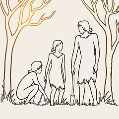 Three people in primitive clothing stand near trees