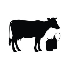 Silhouette of a cow standing next to vintage milk cans on white