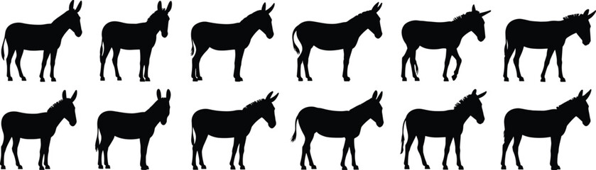 Silhouette donkey animal vector set, various poses, standing walking side view, black outline shape illustration for farm livestock design flat vector illustration