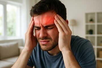 Young man suffering from severe headache and migraine pain