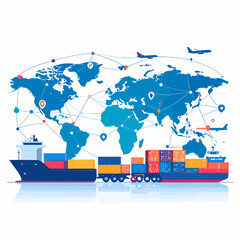 Global Transportation Network with World Map Airplane Train and Cargo Ship Illustration