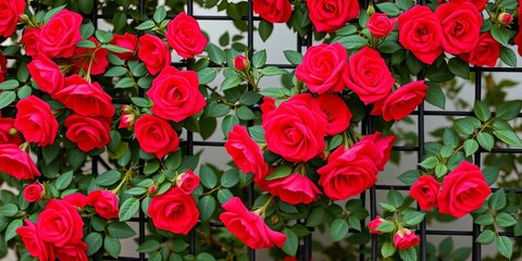 Cute red climbing roses with delicate petals playfully climb a trellis, vibrant seamless pattern,  trellis,  joyful