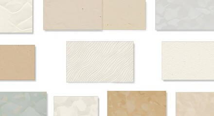 Collection of Various Textured Paper Samples with Subtle Shadows and White Background.