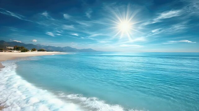 Serene beach scene with turquoise waters, sun shining brightly, mountains in the background, and tranquility