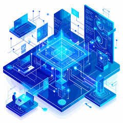 Isometric Blue Digital Network of Server and Database Connection with Abstract Technology Structure for Cloud Computing and Information Systems