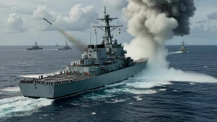 Missile launch from warship at sea