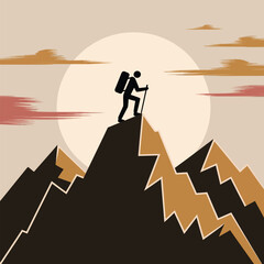 Hiker reaches mountain summit at sunrise