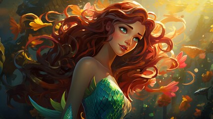 A mesmerizing digital painting of a mermaid with flowing red hair in an underwater paradise.