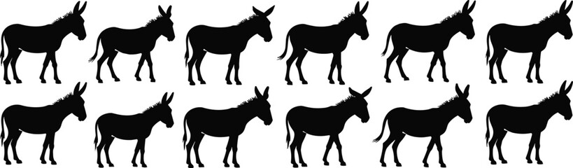 Silhouette of donkey in various poses, black animal vector illustration, side view donkey collection, farm mammal graphic for rural design flat vector illustration