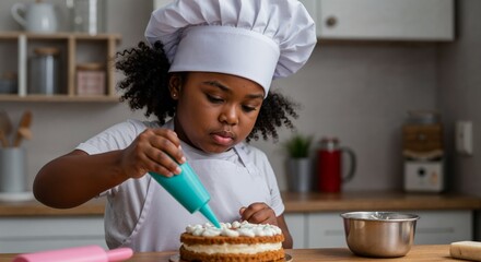 Plus-size Black girl pastry chef frosting cake in toy kitchen with front light on icing close-up