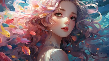 An anime woman with flowing pink hair and colorful fish.